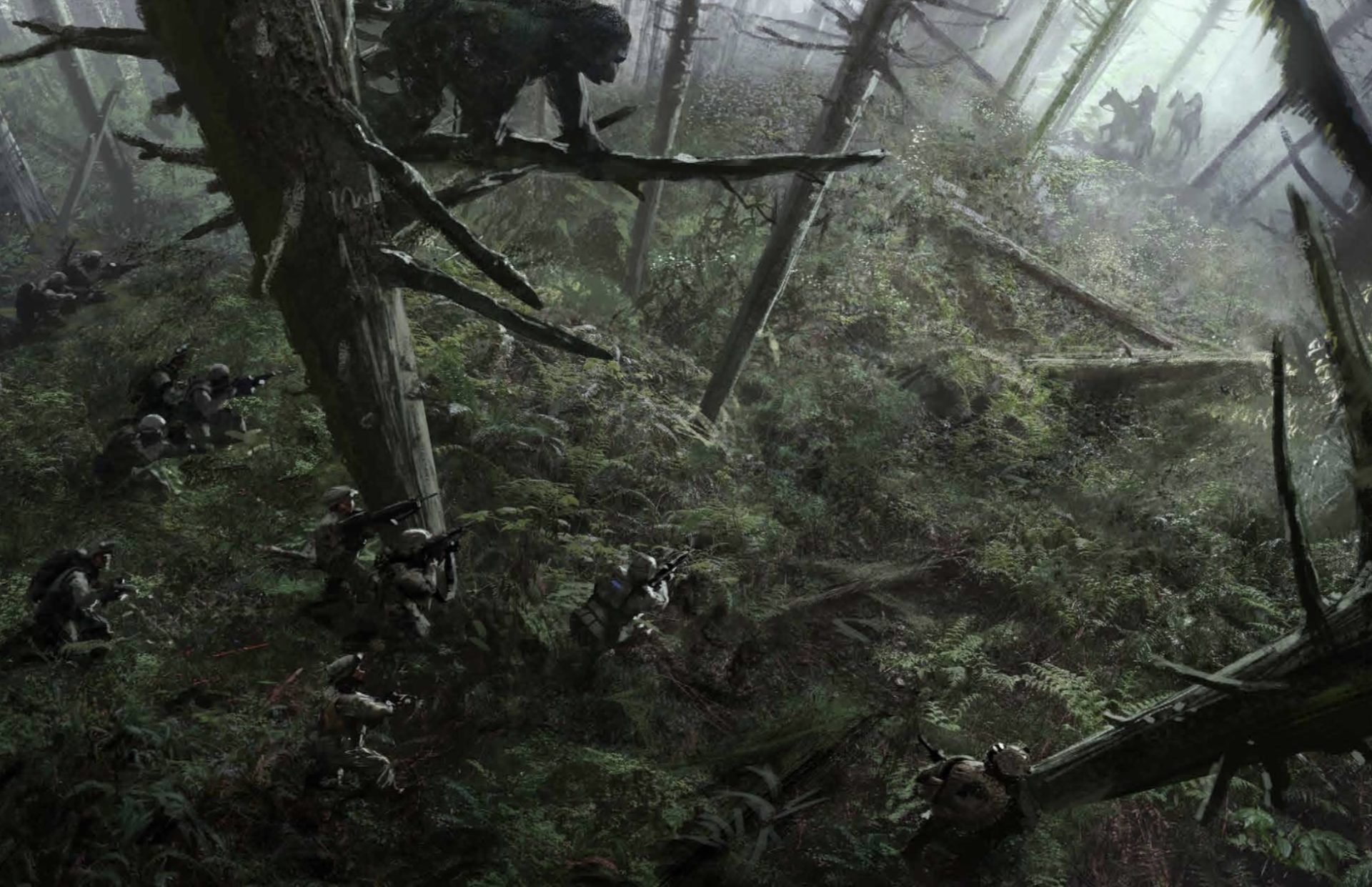 Battle scene in dense forest with apes