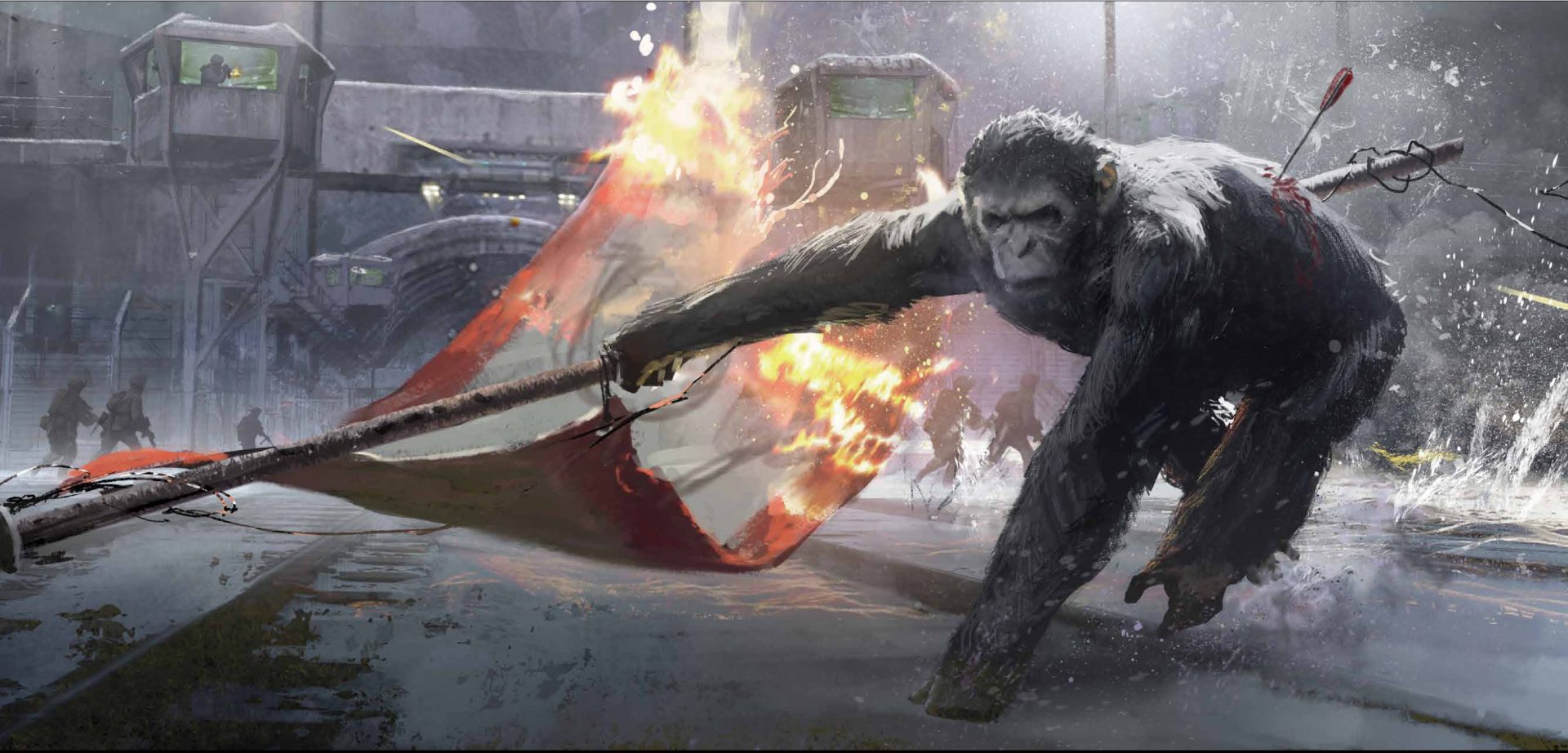 Ape dragging a burning flag in battle